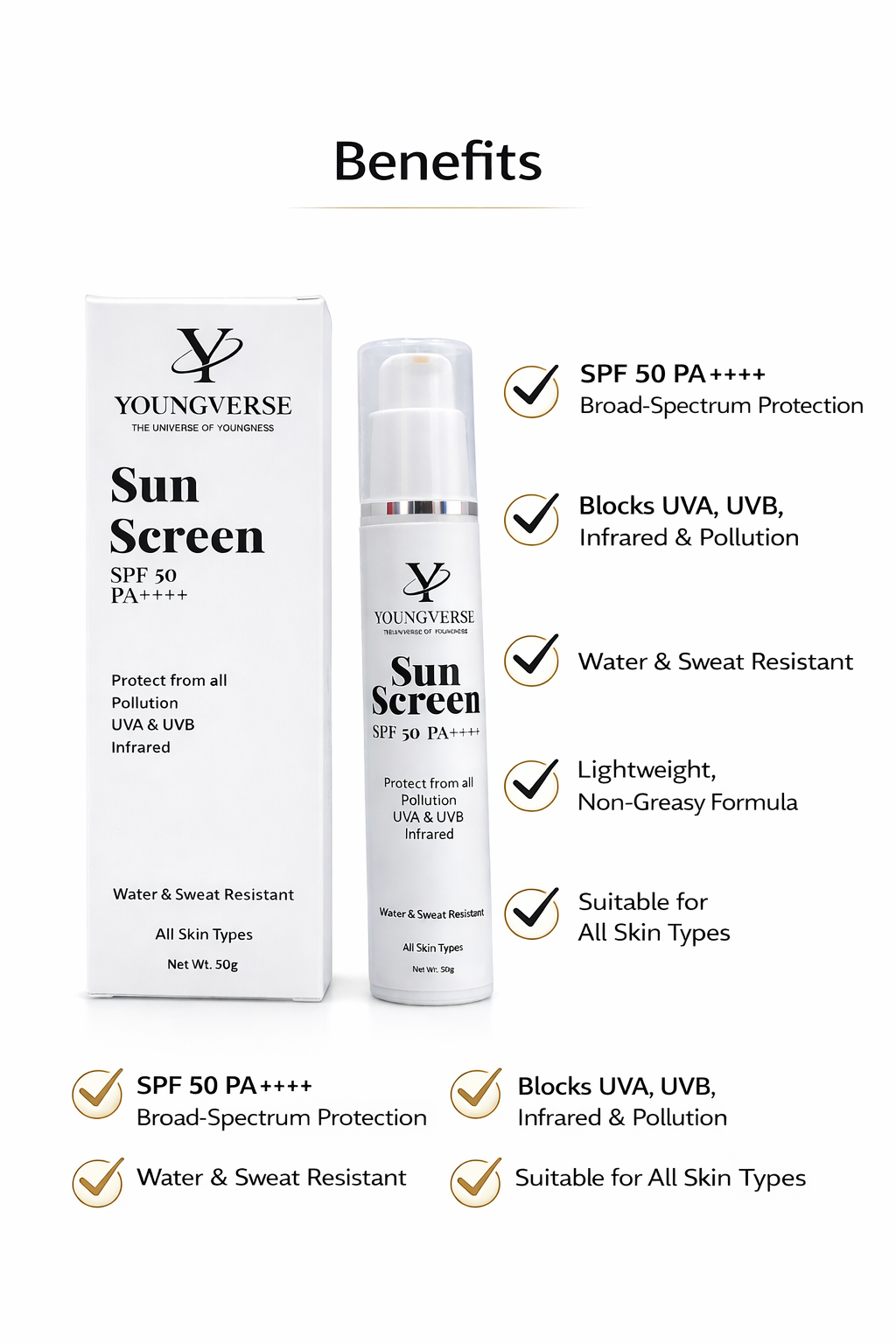 YOUNGVERSE Sun Screen SPF 50 PA+++, Water & Sweat Resistant, All Skin Types, 50g