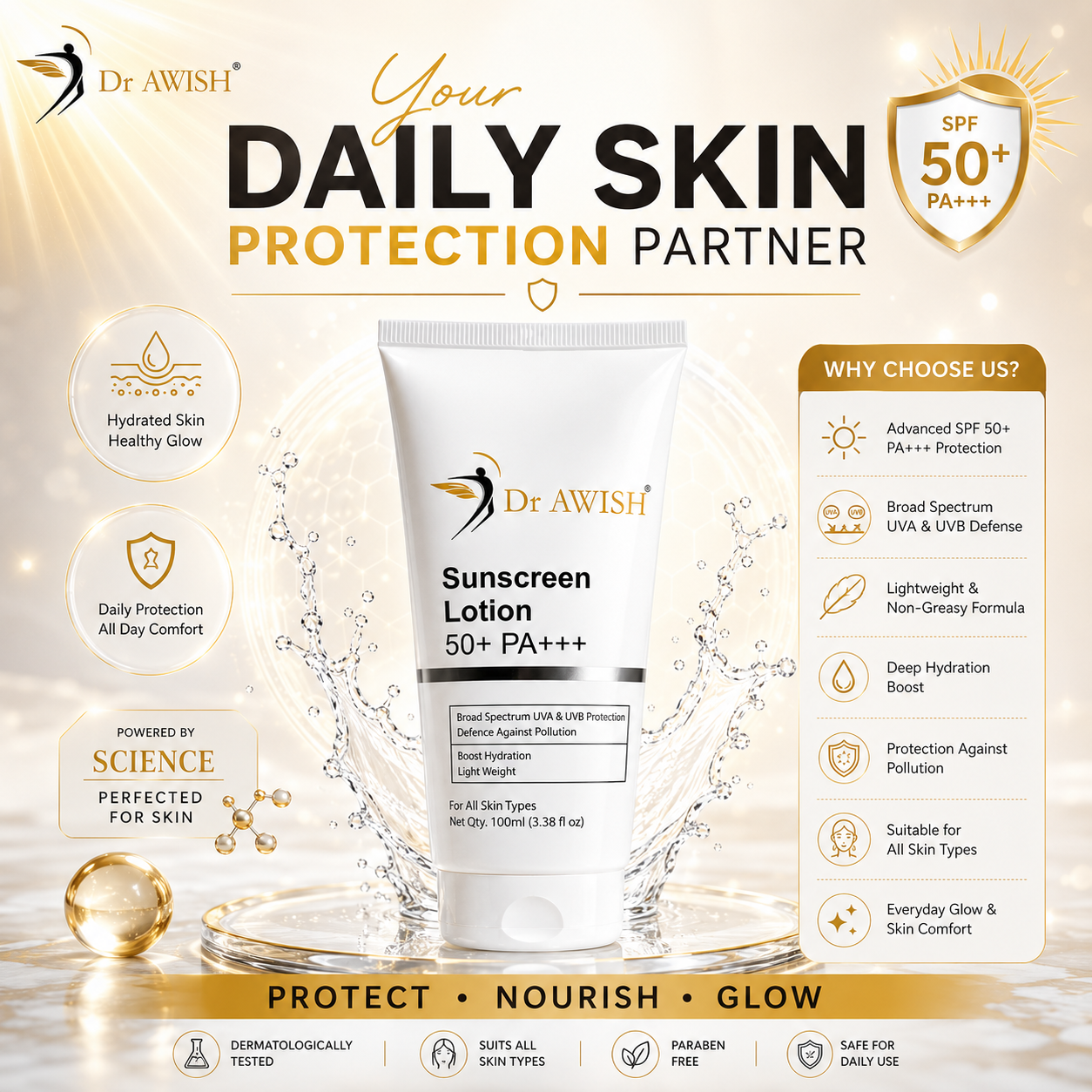 Dr. Awish Sunscreen SPF 50+ PA+++ – Broad-Spectrum Protection, Hydrating & Non-Greasy | 100ml