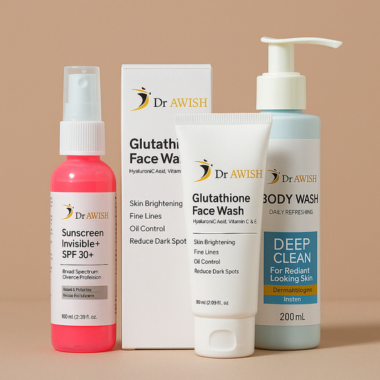 Dr. Awish Daily Essentials Kit Glutathione Face Wash Face Brightening Wash, Refreshing Body Wash & Sunscreen Invisible SPF 30+  Lightweight Sunscreen
