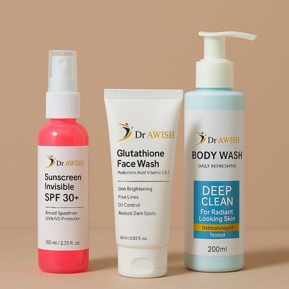 Dr. Awish Daily Essentials Kit Glutathione Face Wash Face Brightening Wash, Refreshing Body Wash & Sunscreen Invisible SPF 30+  Lightweight Sunscreen