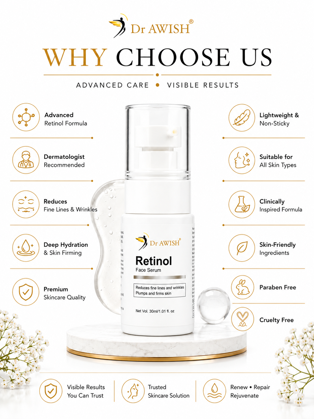 Dr. Awish Retinol Face Serum – Hydrate, Brighten & Combat Aging | 30ml