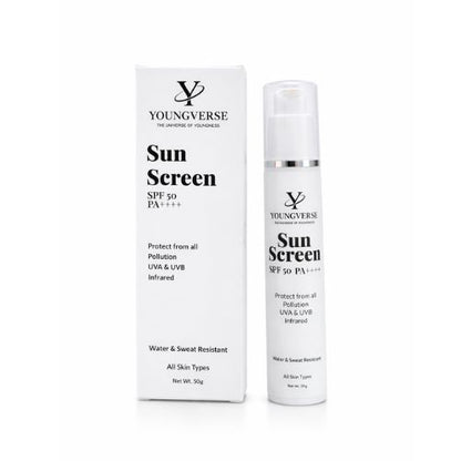 YOUNGVERSE Sun Screen SPF 50 PA+++, Water & Sweat Resistant, All Skin Types, 50g